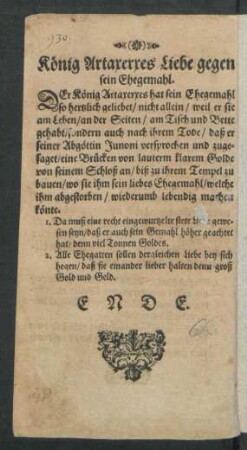 König Artaxerxes Liebe gegen sein Ehegemahl.