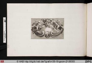 Schildvorlage mit einem Blumenarrangement und zwei Putti.