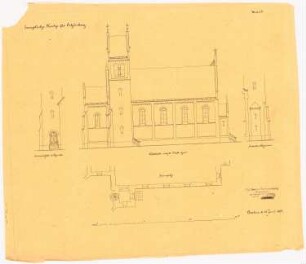 Evangelische Kirche, Schömberg: Nordseite: Grundriss, Aufriss, Aufriss Turmansichten (Nordwest, Ost), Maßstabsleiste