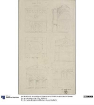 Aufrisse, Querschnitt, Grundriss und Seitenansicht eines Kirchenzentralbaus