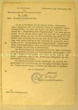 Rundschreiben des Vorsitzenden des Braunschweigischen Staatsministeriums an alle Staatsbehörden mit dem Aufruf zur Unterstützung der "Braunschweigischen Notgemeinschaft"