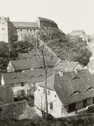 Wettin. Blick von einem Aussichtspunkt (von Nordost) zur Burg (961 erwähnt)