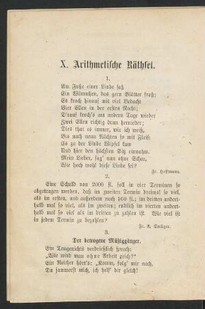 X. Arithmetische Räthsel.
