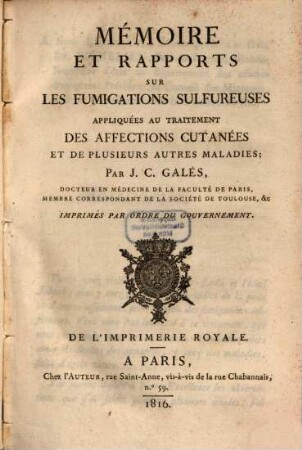Mémoire et rapports sur les fumigations sulfureuses appliquées au traitement des affections cutanies et de plusieurs autres maladies