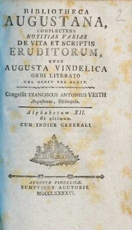 Bibliotheca Augustana : Complectens Notitias Varias De Vita Et Scriptis Eruditorum, Quos Avgvsta Vindelica Orbi Litterato Vel Dedit Vel Aluit. 12, Alphabetum XII