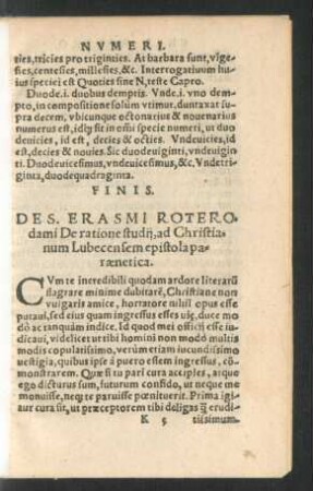 Des. Erasmi Roterodami De ratione studii, ad Christianum Lubecensem epistola paraenetica.