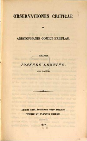 Observationes criticae in Aristophanis Comici fabulas