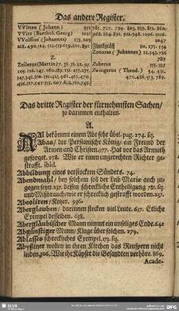 Das dritte Register der fürnehmsten Sachen, so darinnen enthalten