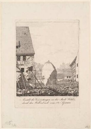 Die Verwüstungen durch das Hochwasser nach einem Wolkenbruch am 1. September 1822 in der Stadt Wehlen in der Sächsischen Schweiz