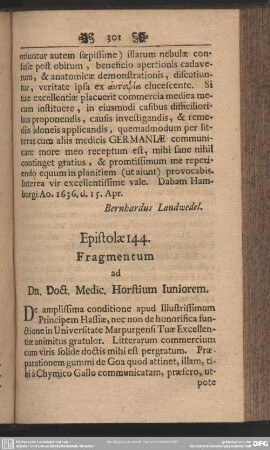 Epistolae 144. Fragmentum ad Dn. Doct. Medic. Horstium Iuniorem
