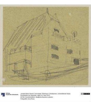 Darmstadt, Wohnhaus Christiansen, vorbereitende Skizze, Perspektive von Südosten