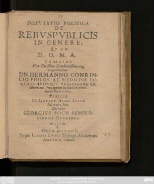 Disputatio Politica De Rebuspublicis In Genere