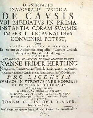 Dissertatio inauguralis iuridica de causis, ubi mediatus in prima instantia coram summis imperii tribunalibus conveniri potest