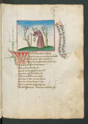 Gebückt am Stock gehende Frau mit Rosenkranz (der Winter)