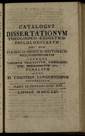 Part. II. Continuatio XXI. Lipsiae MDCCLXI.