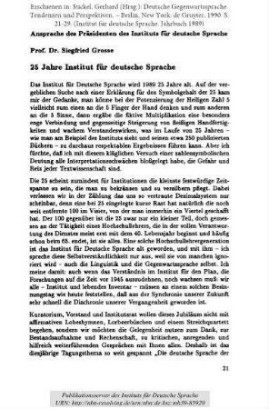 Ansprache des Präsidenten des Instituts für deutsche Sprache. 25 Jahre Institut für deutsche Sprache
