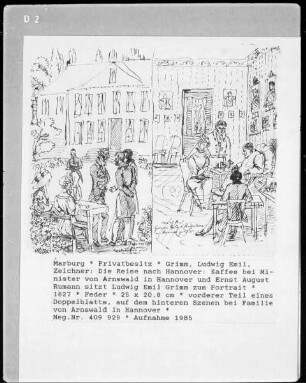 Die Reise nach Hannover: "Kaffee bei Minister von Arnswald in Hannover" (links) und "Ernst August Rumann sitzt Ludwig Emil Grimm zum Porträt" (rechts)