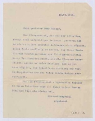 Schreiben an Johannes Baader, Architekt (Brief)