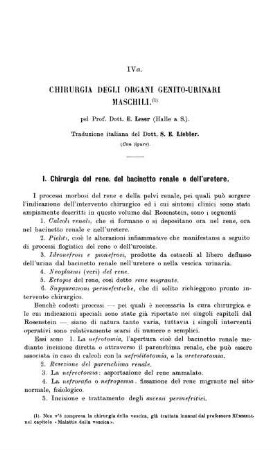 I. Chirurgia del rene, del bacinetto renale e dell´uretere. - III. Chirurgia dell´uretra.