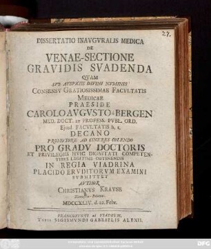 Dissertatio Inavgvralis Medica De Venae-Sectione Gravidis Svadenda