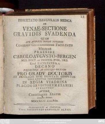 Dissertatio Inavgvralis Medica De Venae-Sectione Gravidis Svadenda