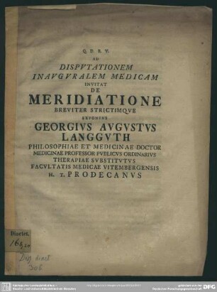 Ad Disputationem Inauguralem Medicam Invitat De Meridiatione