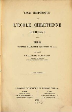 Essai historique sur l'école chrétienne d' Edesse