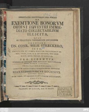 Dissertatio Inavgvralis Ivris Pvblici De Exemtione Bonorvm Ordini Eqvestri Immediato Collectabilivm Illicita