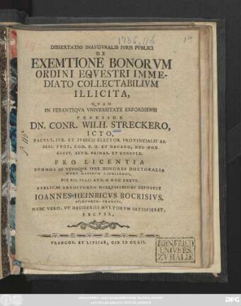 Dissertatio Inavgvralis Ivris Pvblici De Exemtione Bonorvm Ordini Eqvestri Immediato Collectabilivm Illicita