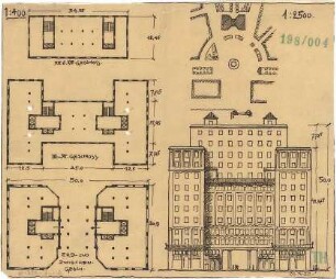 Fischer, Theodor; München, Sendlinger Tor Platz; Hochhaus - Lageplan, Grundriss EG u. Zwischengeschoss, Grundriss 3. OG - 11. OG, Grundriss 12. OG - 13. OG, Ansicht