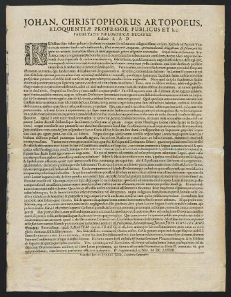Johan. Christophorus Artopoeus, Eloquentiae Professor Publicus...