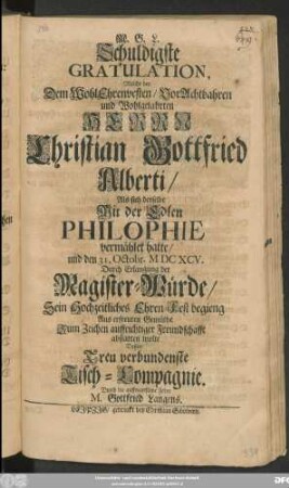 Schuldigste Gratulation, Welche bey Dem WohlEhrenvesten/ VorAchtbahren und Wohlgelahrten Herrn Christian Gottfried Alberti/ Als sich derselbe Mit der Edlen Philosophie vermählet hatte/ und den 31. Octobr. MDCXCV. Durch Erlangung der Magister-Würde/ Sein Hochzeitliches Ehren-Fest begieng Aus erfreueten Gemüthe ... abstatten wolte Dessen ... Tisch-Compagnie Durch die ... Feder M. Gottfried Langens
