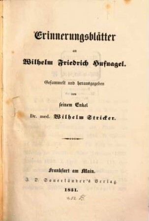 Erinnerungsblätter an Wilhelm Friedrich Hufnagel