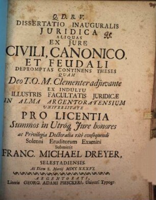 Diss. inaug. iur. aliquas ex iure civili, canonico et feudali depromptas continens theses