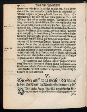 V. Wie oder auff was weise/ der ware leib und blut Christi im Abentmal gegenwertig sey?