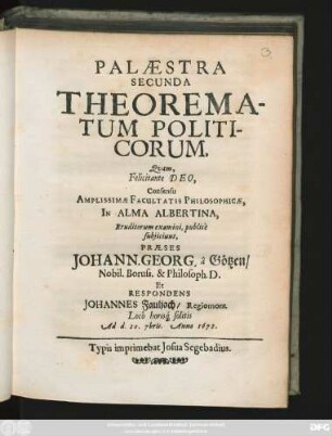 Palaestra Secunda Theorematum Politicorum