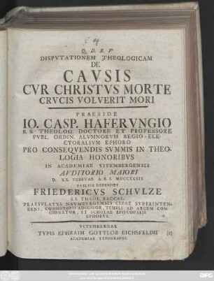 Dispvtationem Theologicam De Cavsis Cvr Christvs Morte Crvcis Volverit Mori