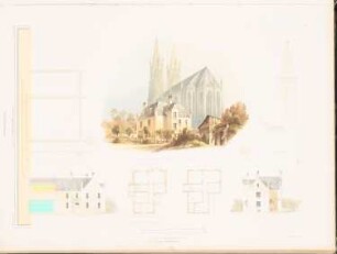 Pfarrhaus für die Wiesen-Kirch-Gemeinde, Soest: Perspektivische Ansicht, Ansicht von Norden, Ansicht von Westen, Grundriss 1.OG, 2. OG, drei Details (aus: Entwürfe zu Kirchen, Pfarr- und Schulhäusern, hrsg. von der Kgl. Preuß. Oberbaudeputation, 1845-1855)