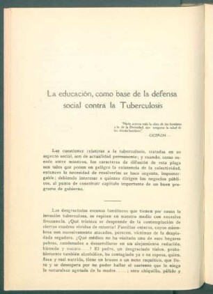 La educación, como base de la defensa social contra la tuberculosis