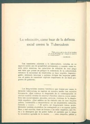 La educación, como base de la defensa social contra la tuberculosis