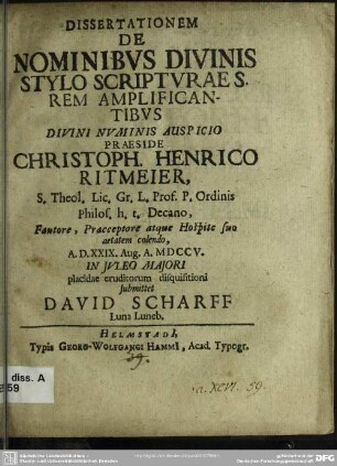 Dissertationem De Nominibus Divinis Stylo Scripturae S. Rem Amplificantibus : Divini Numinis Auspicio