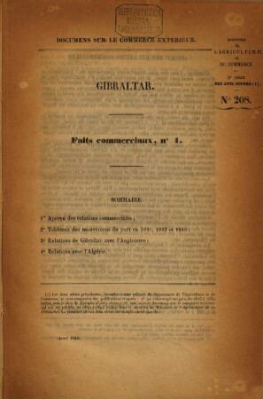 Annales du commerce extérieur. Gibraltar. Faits commerciaux. 1/12. 1844/74