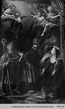 Der Heiligenpapst Gregor der Große empfängt eine himmlische Vision, flankiert von einem Bischofsheiligen und der Heiligen Monika (?)