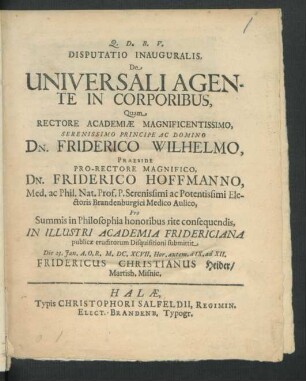 Disputatio Inauguralis, De Universali Agente In Corporibus
