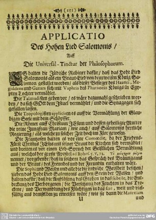 Applicatio, Des Hohen Lied Salomonis, Auff Die Universal-Tinctur der Philosophorum