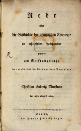 Rede über die Geschichte der preußischen Chirurgie im 18. Jahrhundert