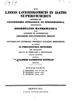 De Lineis loxodromicis in datis superficiebus, imprimis de loxodromia sphaerica et sphaeroidica