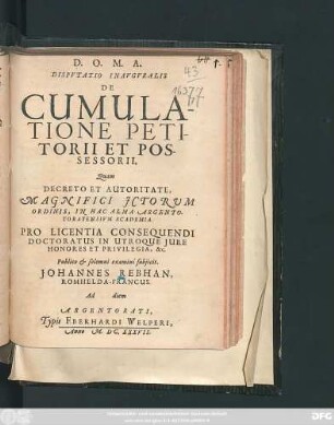 Disputatio Inauguralis De Cumulatione Petitorii Et Possessorii