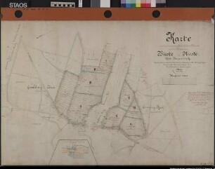 "Karte von den domänenfiskalischen Wiesen auf den Feldmarken Bieste und Rieste": östlich der Landstraße von Neuenkirchen nach Bramsche und beiderseits des Nonnenbaches. 1874/75 (1888) Darunter vergrößerter Ausschnitt (1 : 500) der fiskalischen Brücke bei der Stickteichwiese Ausf.-Art: Farbige Zeichnung auf Leinen gezogen. Herst.: Zink Format: 65 x 99 cm Maßstab: 1 : 2000