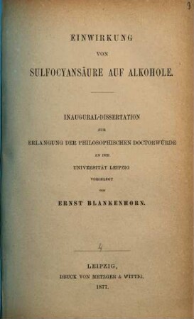 Einwirkung von Sulfocyansäure auf Alkohole : Inaugural-Dissertation